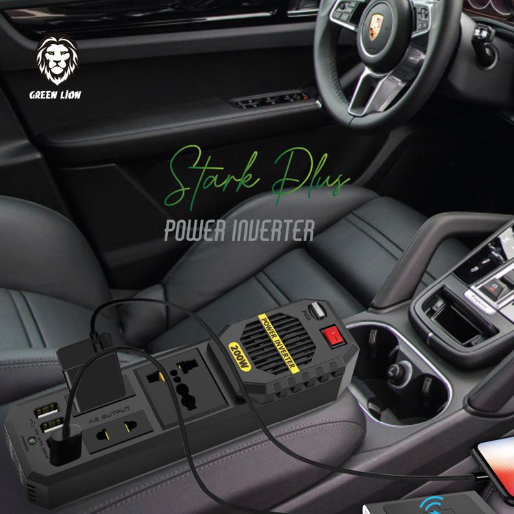 جهاز العاكس للطاقة Green Lion Stark Plus بقدرة تشغيل 200 واط، و4 منافذ USB-A، وحماية من السخونة الزائدة والتحميل الزائد، وإخراج تيار متردد بجهد 110 فولت، وحماية من الفولطية العالية، وحماية من عكس الطاقة - لون أسود