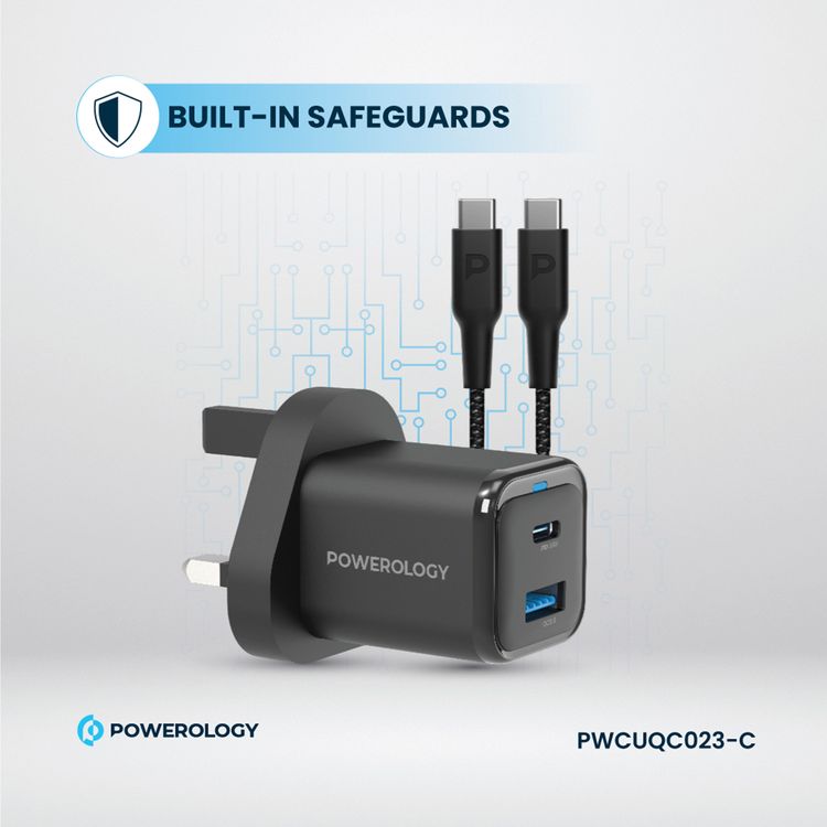 Powerology Dual Port Super Compact Quick Charger with USB-C To USB-C Braided Cable, 33W PPS Protocol, 35W USB-C Output, 18W USB-A Output - Black 