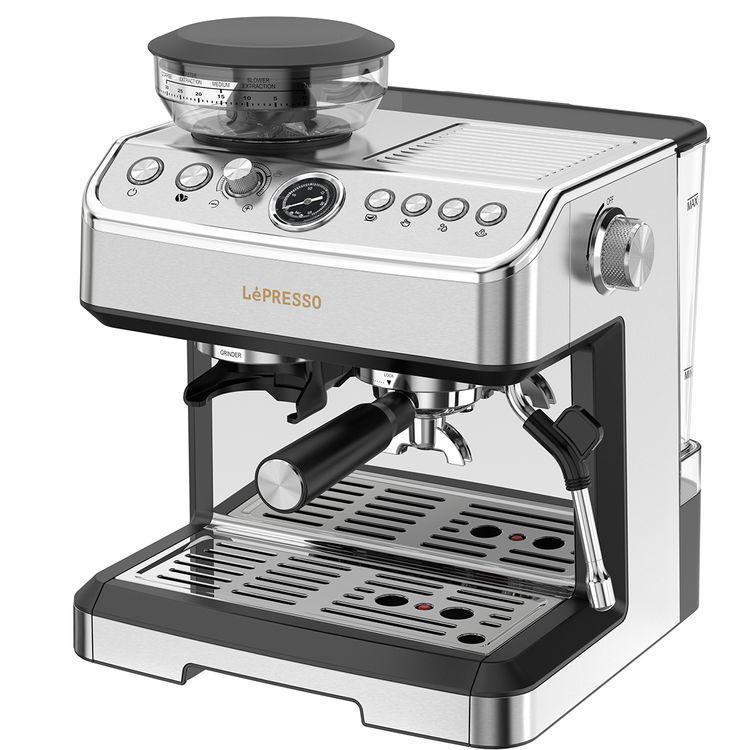 LePresso Dual Boiler Espresso Machine with Conical Grinder & Steamer Functions, 2.8L Water Tank Capacity, 2300W Heating Power, Hot Water Dispenser - Silver