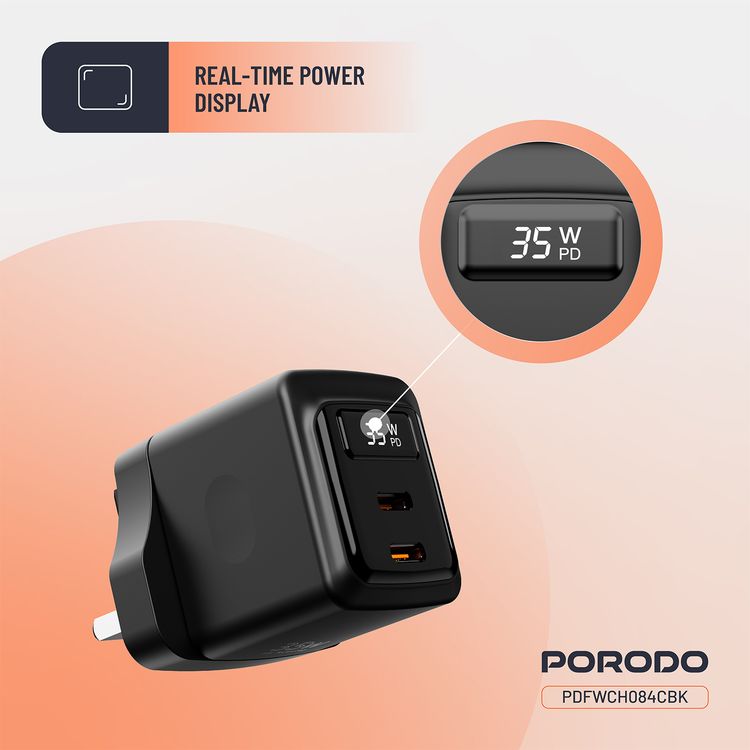 Porodo GaN Wall Charger with USB-C to USB-C Cable, Dual USB-C Ports, 35W Power Delivery, Built-in Safeguards, Fast Charge Support, Multiple Device Charging, Digital Display - Black
