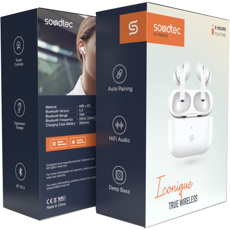 Porodo Soundtec Iconique True Wireless Earbuds with Deep Bass, Hifi Audio, 10m Bluetooth Range, ABS + PC Material, 300mAh Charging Case Battery, 30mAh Earbud Battery - White