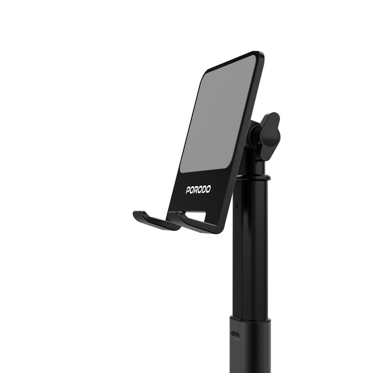 حامل متعدد الزوايا للهواتف والأجهزة اللوحية من بورودو مع قضيب تلسكوبي قابل للتعديل، أقصى ارتفاع 35 سم، متوافق مع نطاقات 6.5-12.9 بوصة، دوران 360 درجة، ثبات ثنائي المحور، مصنوع من مواد ABS وPC - أسود
