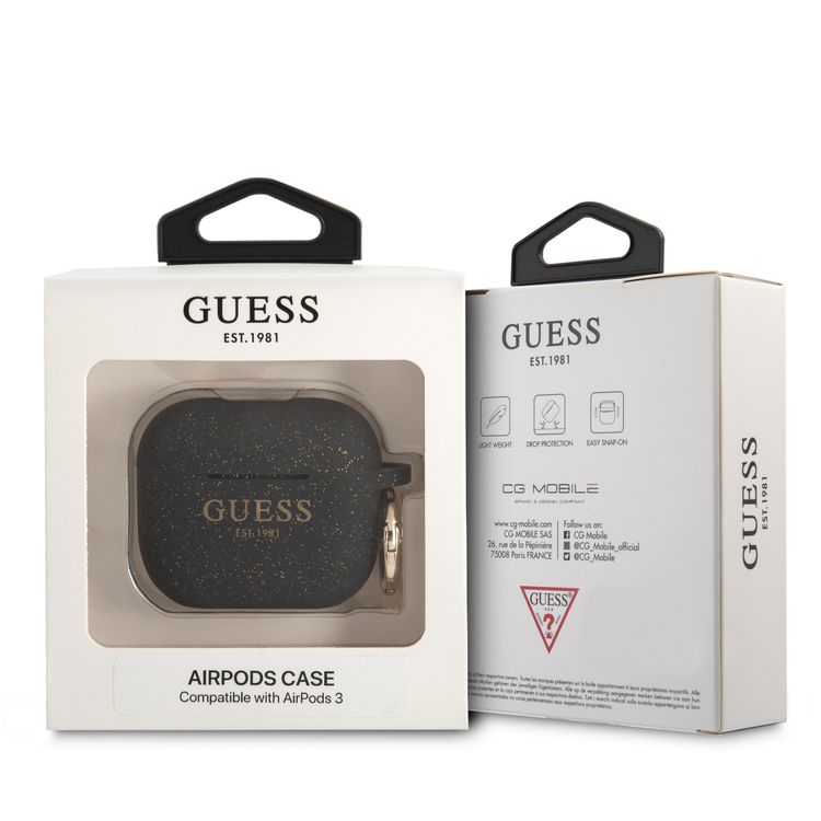 CG MOBILE Guess Silicone Glitter Case with Ring Compatible for AirPods 3, Scratch & Drop Resistant, Dustproof & Absorbing Protective Silicone Cover