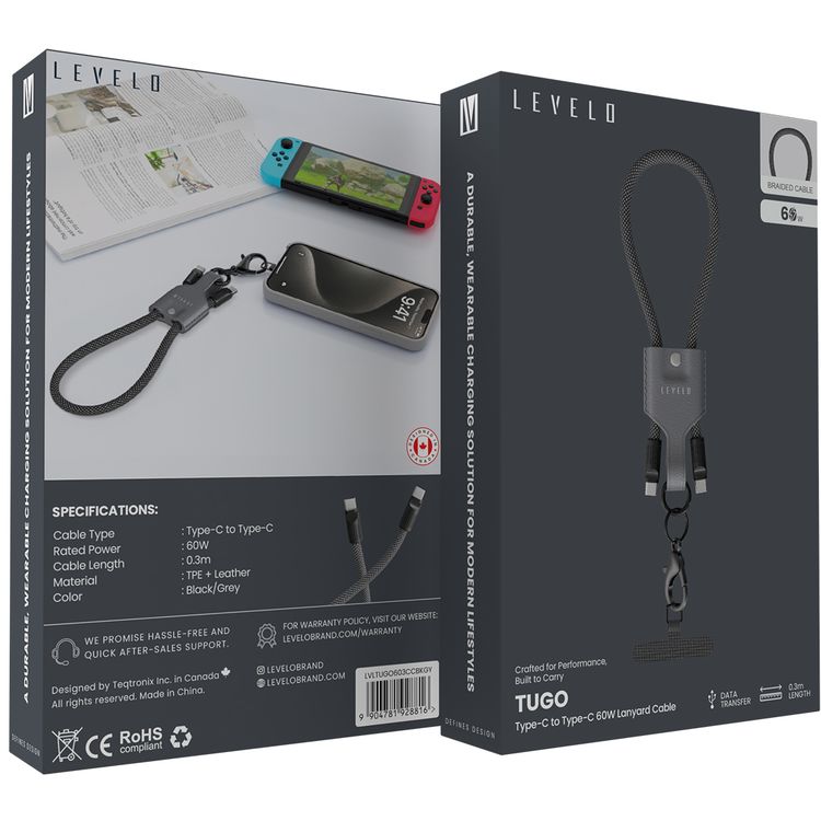 Levelo Tugo Type-C to Type-C 60W Lanyard Cable with TPE + Leather Material, 0.3m Cable Length, Data Transfer - Black/Gray