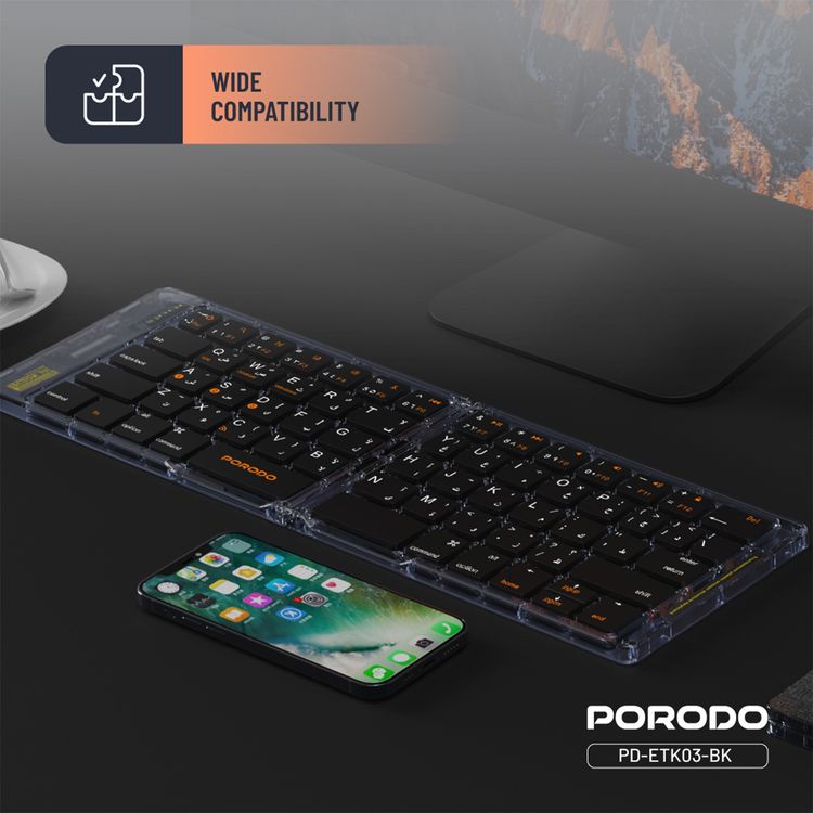 Porodo Crystal Shell Wireless Keyboard, Transparent, Bluetooth Connection, Foldable, 65 Keys + Arabic Layout, 80mAh Lithium Battery, Scissor Key Switches, Compatible with Windows, iOS, Android, Mac - Black