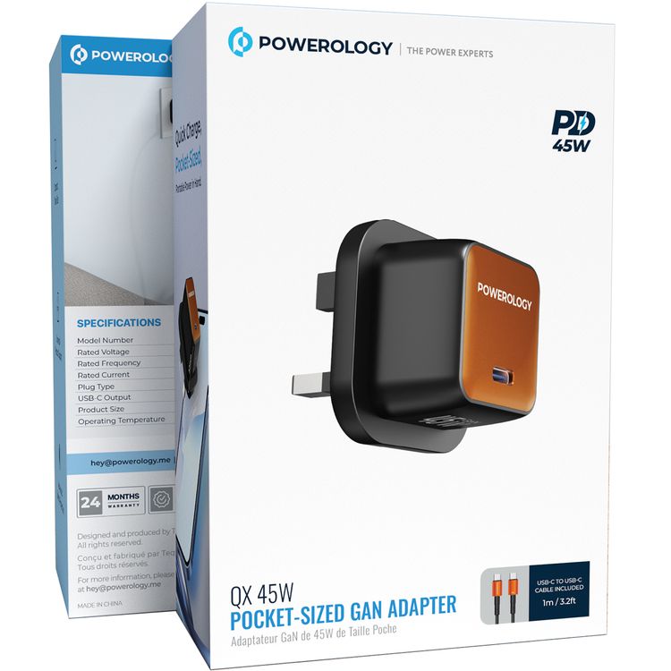 Powerology QX 45W Pocket-Sized GaN Adapter with Safety Protections, 1m USB-C to USB-C Cable Included, USB-C Port, Ultra-Compact Design, UK 3-Pin Plug, PD 45W - Black / Titanium Orange
