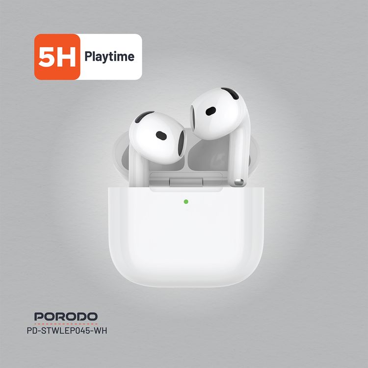 Porodo Soundtec Earbuds Gen 4 with Environmental Noise Cancellation, 5 Hours Play Time, 25m Transmission Range, Touch Control, Wireless Charging - White