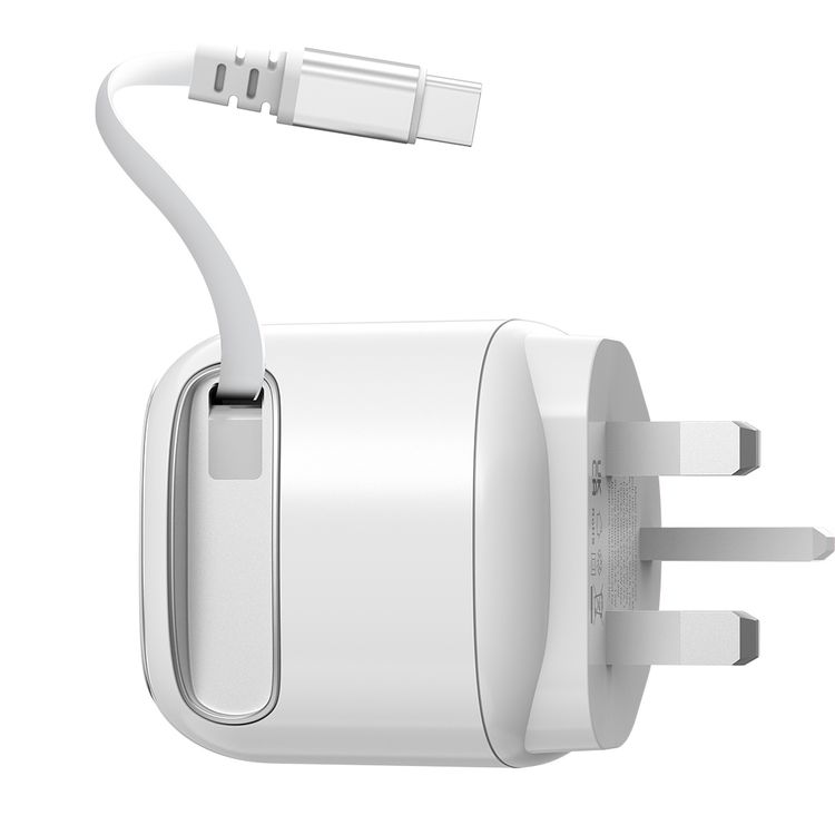 Porodo Ayuan Mini Travel Charger with GaN Technology, Retractable Type-C Cable, 65W Max Type-C Output, 65W Max Type-C Cable Output, 45W Total Output, Multi-Device Charging, Built-in Safety Features, Smiling Robot Design - White