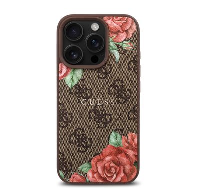 Guess PU 4G Hard Case with Roses Metal Logo for iPhone 16 Pro Max with Easy Snap on, Secure & Comfortable Grip, Raised Camera Edge - Brown