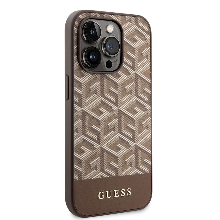 Guess Magsafe Leather Case with Gcube Stripe Pattern - Brown - iPhone 15 Pro