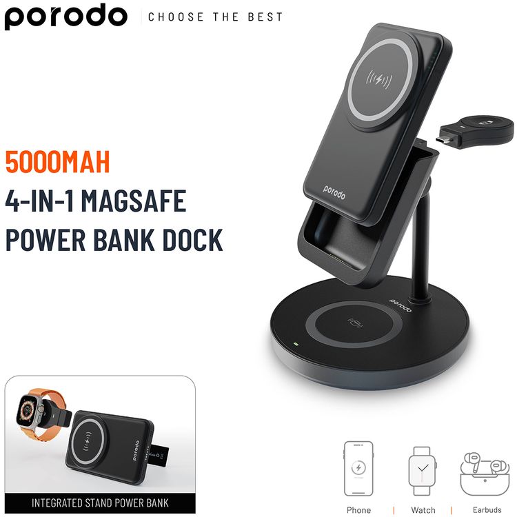 Porodo 5000mAh 4-in-1 MagSafe Power Bank Dock with 10W Wireless Charging, Simultaneous Charging, 2W Watch Output, 5W Earbuds Output, 27W USB-C Input, Detachable Power Bank - Black