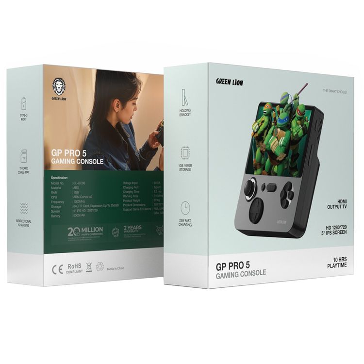 Green Lion GP PRO 5 Gaming Console with Built-in Holding Bracket, Up to 10 Hours Playtime, 5" IPS HD Screen, 1280×720p Resolution, 5000mAh Battery Capacity - Black