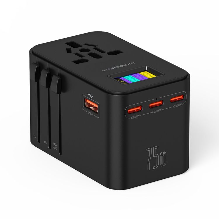 Powerology GaN 75W Universal Charger with 4 Ports Fast Charging, PD 70W, Laptop Charger, GaN Technology, Real-Time Power Display, +150 Countries Compatible, AC Sockets, Fuse Protector - Black