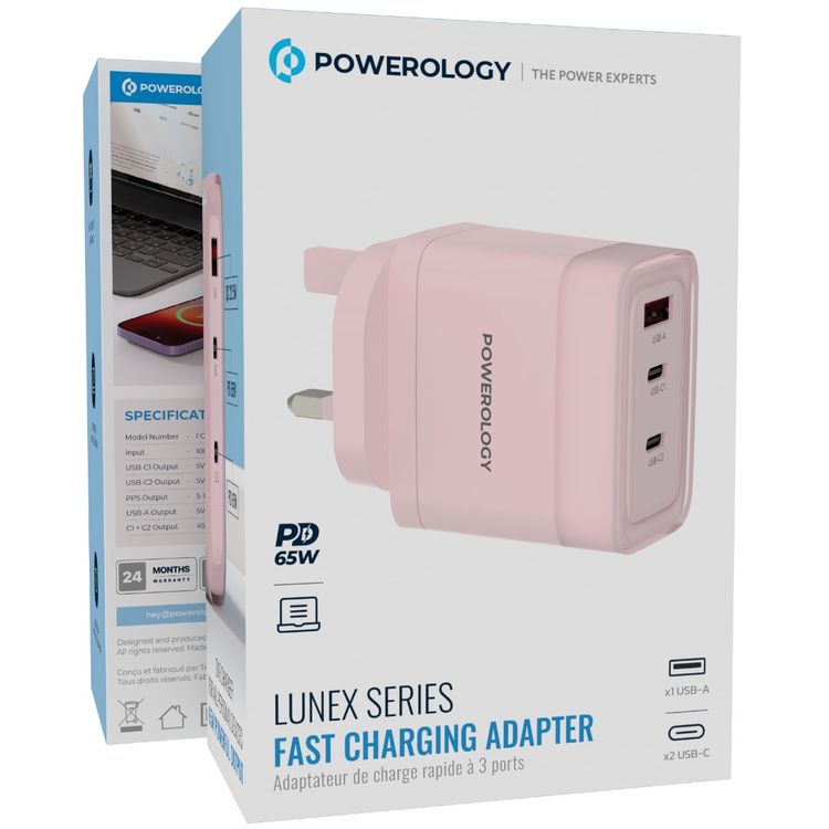 Powerology Lunex Series 3-Port Fast Charging Adapter with UK 3-Pin Power Plug, 65W PD USB-C Output, 22.5W QC USB-A Output, Multi-Device Charging, Powerful Laptop Charging, Universal Protocol Support - Pink