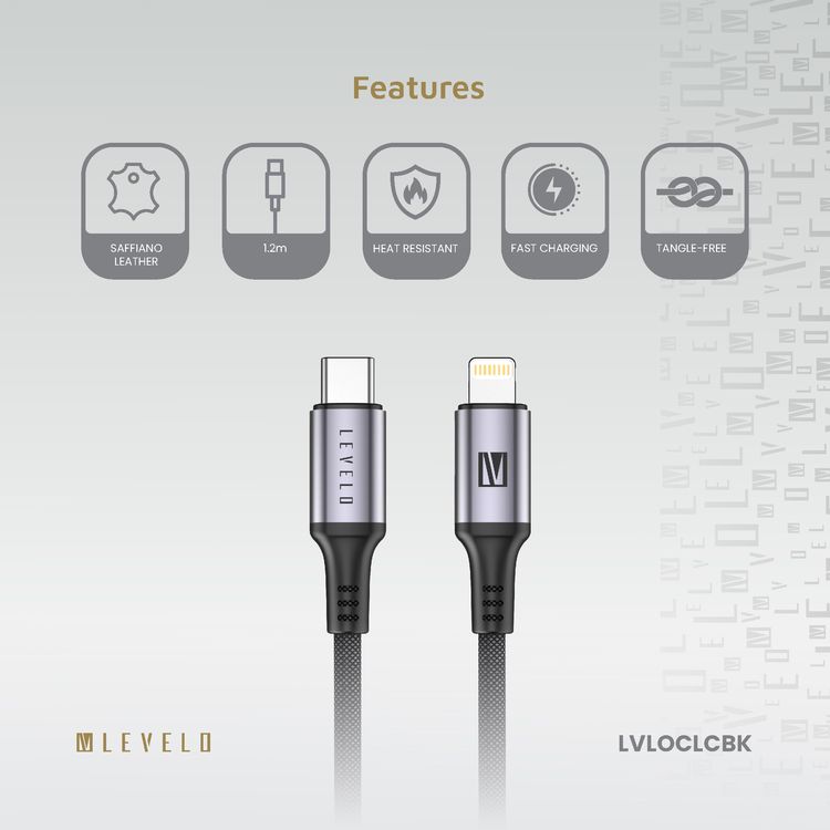 Levelo Otto USB-C to Lightning 30W Leather Cable, Tangle-Free, Fast Charging, Heat Resistant, 1.2m Cable Length - Black 