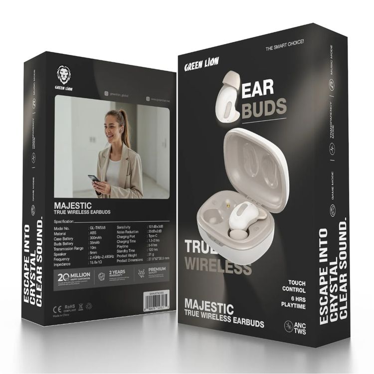 Green Lion Majestic True Wireless Earbuds TWS, High Definition Microphone, Voice Assistant Mode, Touch Control, Music Mode, Game Mode, ANC - Beige