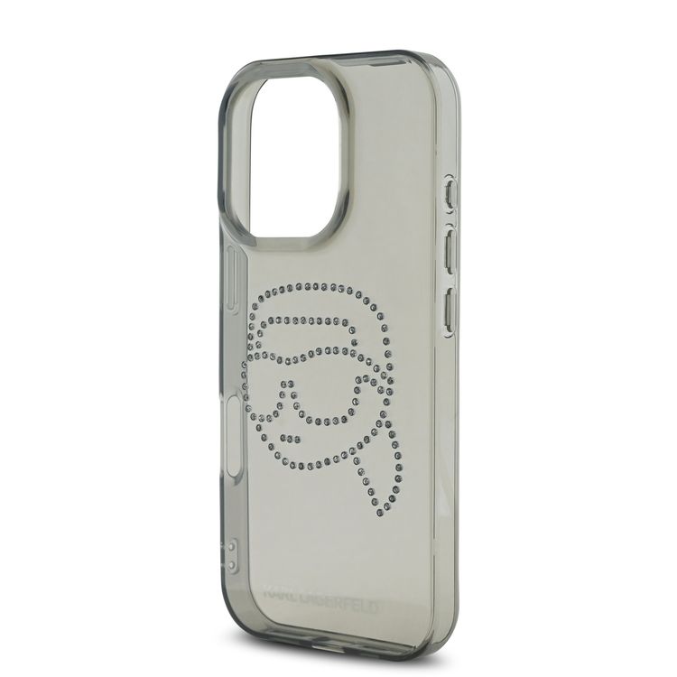 جراب Karl Lagerfeld IML الصلب مع شعار Karl Head مرصع بأحجار الراين لهاتف iPhone 16 Pro، شعار Karl Head، سهل التركيب