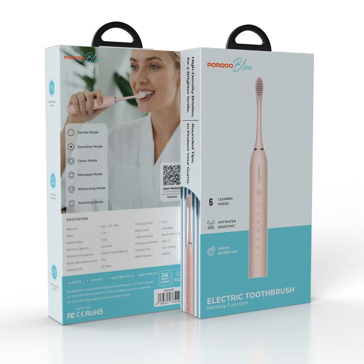 Porodo Blue Electric Toothbrush with Memory Function, 6 Cleaning Modes, 30 Days Battery Life, 500mAh Battery Capacity, 40000 Stroke/Minute Vibration Frequency, Replaceable Heads, Low-Noise Operation - Pink