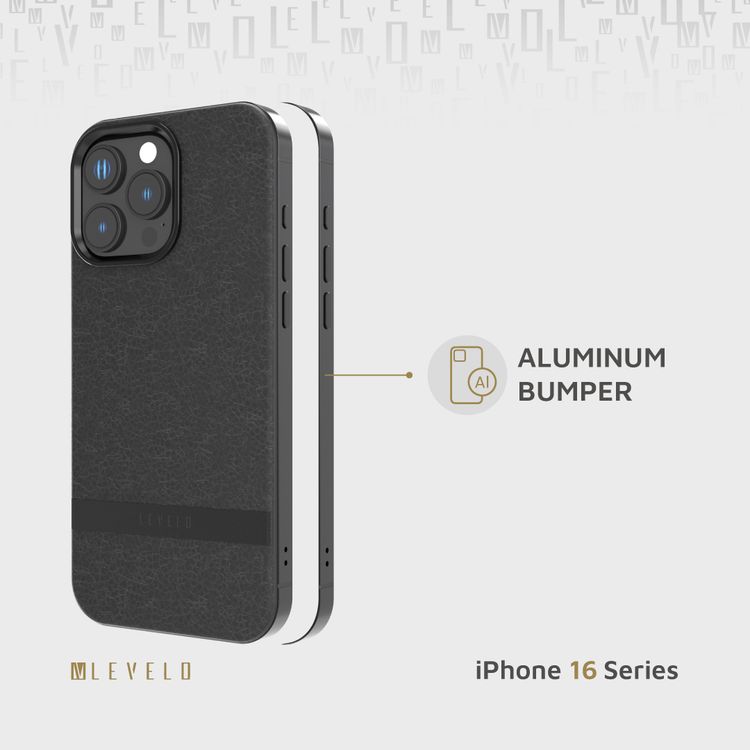Levelo Pelle Leather Case for iPhone 16 Pro with Aluminum Bumper, Impact Resistant Corners, MagSafe compatibility, Lightweight & Slim Profile - Black