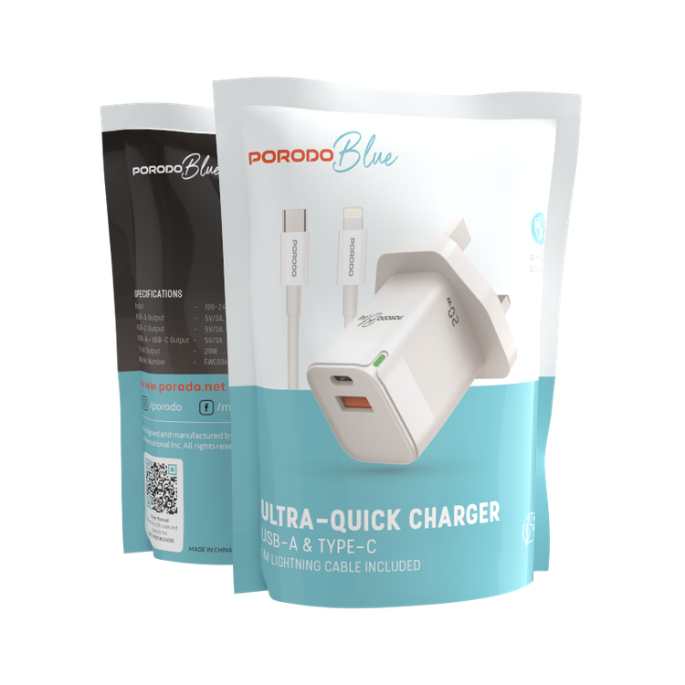 Porodo Blue Ultra-Quick Charger with 1m USB-C to Lightning Cable, USB-A & USB-C, 20W, 3A Output Current, 5V Output Voltage, Multi-Device Charging, Fast Charge Support - White