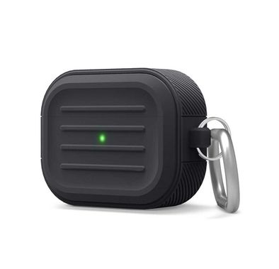 Elago Armor Case with Anti-Lost Carabiner Compatible for AirPods Pro, Dustproof & Absorbing Protective Cover Suitable for Wireless Charging - Black