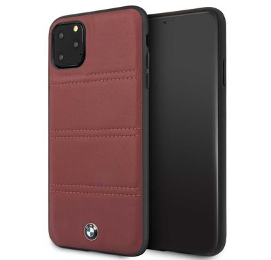 BMW Hard Case Leather Horizontal Lines Compatible w/ iPhone 11 Pro Max, Complete Protection, Easy Access to All Ports,Raised Edge to Protect Camera - Burgundy