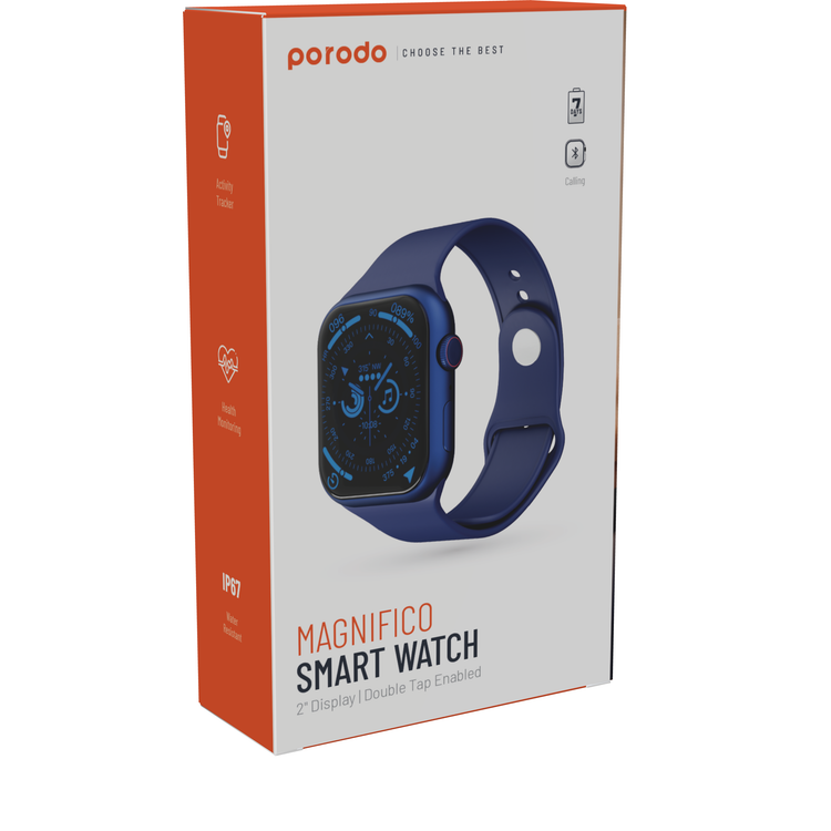 Porodo Magnifico Smart Watch with 2 Inches Full Touch Screen, Comprehensive Health Monitoring, Real-time Notifications, Activity Tracker, G-Sensor MSA311, 200mAh Battery, 7-15 Days Working Time - Blue