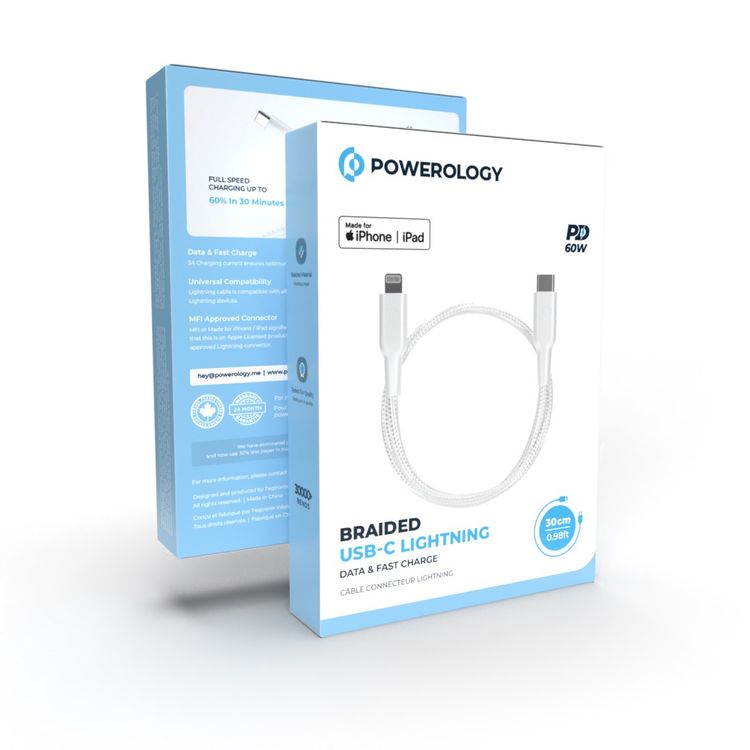 Powerology USB-C to Lightning 30Cm/0.98ft Braided Cable, PD 60W, MFI Certificated, more than 30000 Bends Lifespan - White