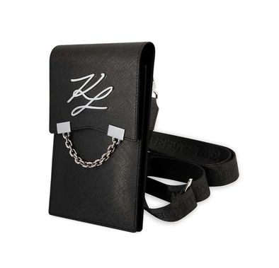 Karl Lagerfeld Autograph Chain Phone Pouch with Strap & Built-in Card Slots, ECO Leather Material, Clean & Luxurious Design, 2 Interior Pockets, Lightweight & Compact - Black