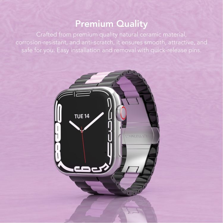 Levelo Enigma Ceramic Watch Strap for Apple Watch 42/44/45mm, Quick-Release Pins, Corrosion-Resistant, Easy Installation, Anti-Scratch - Black / Pink
