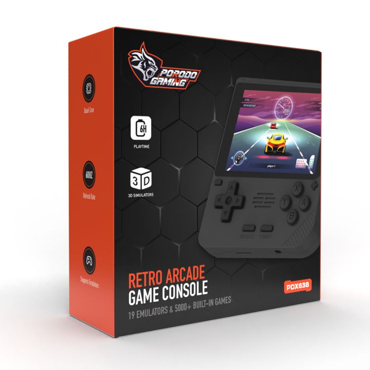 وحدة تحكم ألعاب Porodo Gaming Retro Arcade، محاكي ثلاثي الأبعاد، تصميم مريح، تشغيل صوتي غامر، شاشة IPS مقاس 3.5 بوصة، عمر بطارية 6 ساعات، بطارية 3000 مللي أمبير في الساعة - أسود