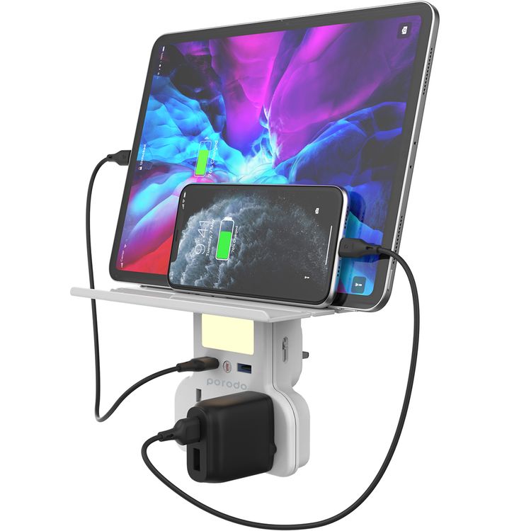 Porodo Multi-Function Socket & Night Light with Built-in Tablet & Phone Tray, 3250W AC Output, Fire-Retardant Material, 12W USB-A Output, Overcharge & Overheat Protection - White