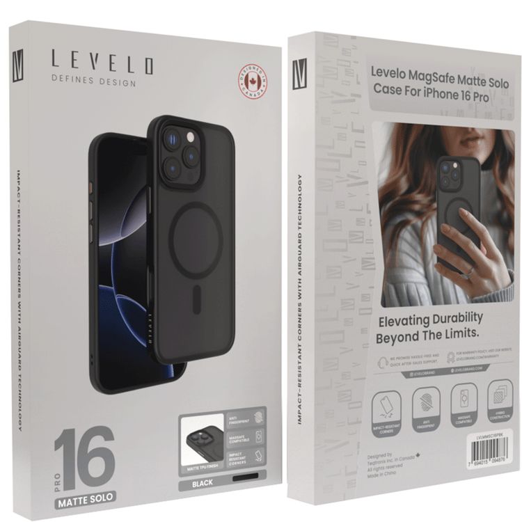Levelo Matte Solo Case with MagSafe Compatibility for iPhone 16 Pro, Impact-Resistant Corners, Anti-Fingerprint, Hybrid Construction - Black