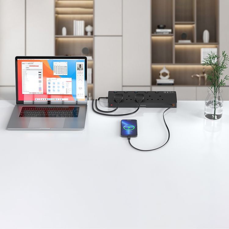 Porodo Voltguard Multiple Ports Power Socket with 80cm Retractable Type-C Cable, PD 20W, UK Plug,   5 AC Sockets, USB-A & USB-C Ports, Built-in Clamp - Black