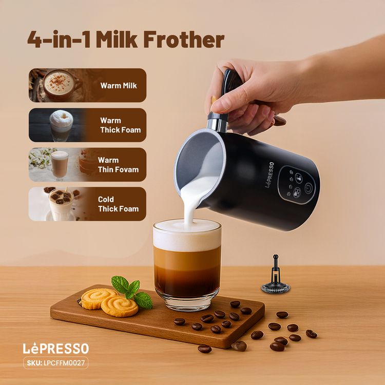 LePresso Four Froth Milk Frother, 270mL Heating Capacity, 140mL Frothing Capacity, 3-Pin UK Plug, Temperature Control - Black
