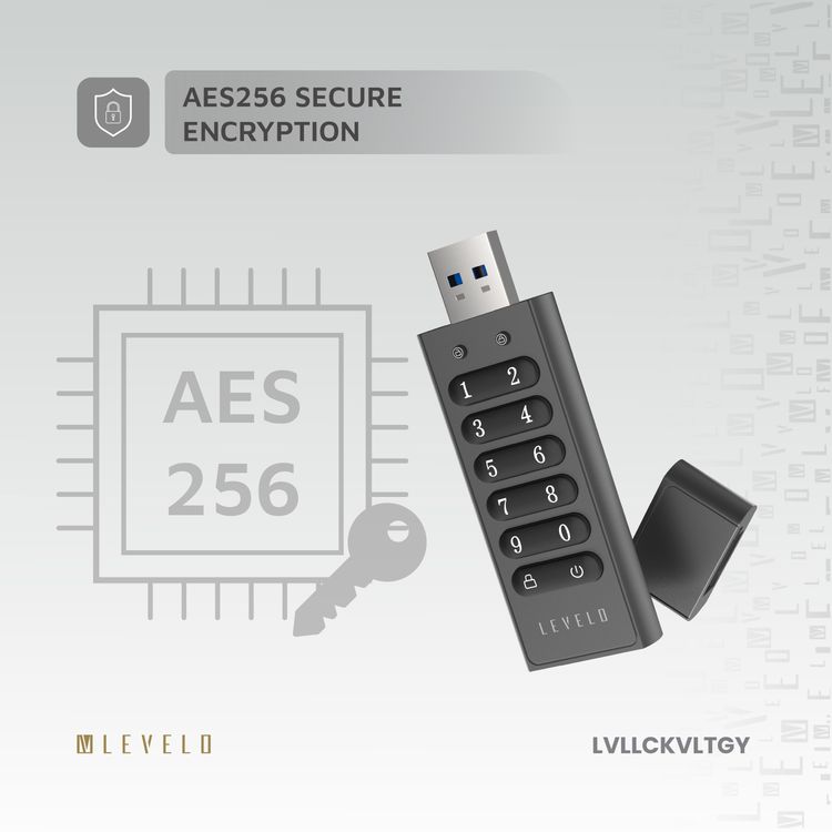 Levelo Lockvault Digital 128GB Encrypted USB Flash Drive with USB-A 3.1 Gen 1 Connector, 160MB/s Reading Speed, 120MB/s Writing Speed, AES256 Encryption Method - Gray