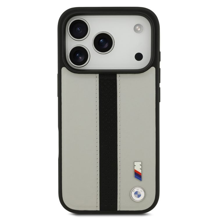 BMW PU Leather Case with Perforated Stripes & Metal Logos for iPhone 17 Pro, MagSafe Compatible, Sustainable Packaging, Drop Protection, Slim Profile, Easy Snap-On Design - Gray / Black
