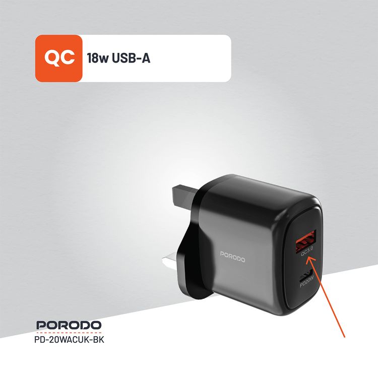 Porodo Dual Output Quick Charger with 20W Power Delivery, QC 18W, UK 3-Pin Plug, Simultaneous Charging, Universal Compatibility - Black