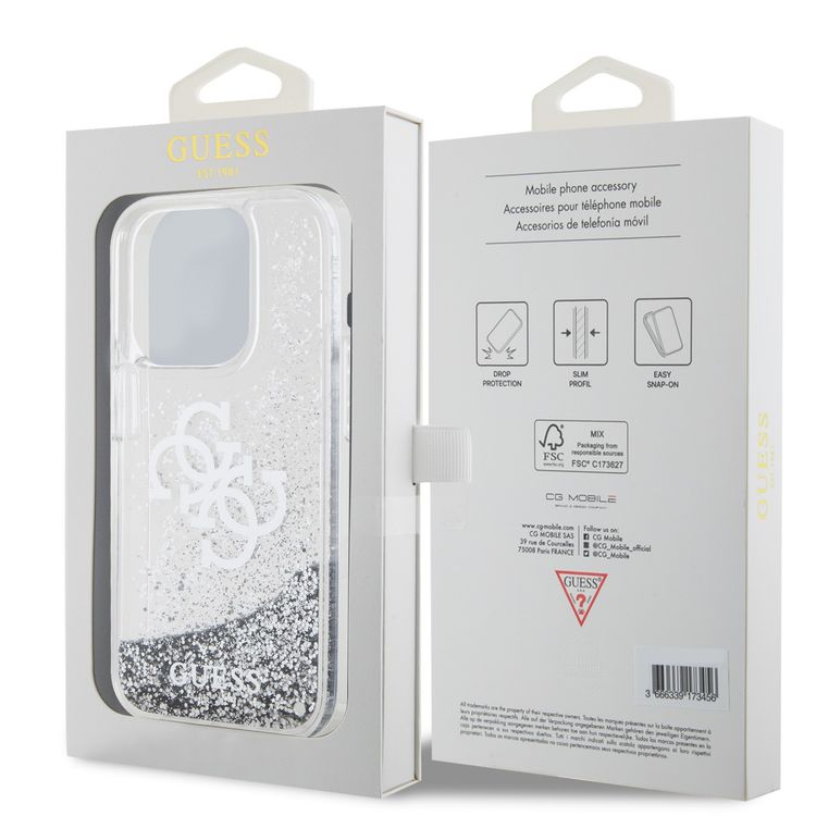 Guess Liquid Glitter Case with 4G Electroplated Logo - Silver - iPhone 15 Pro