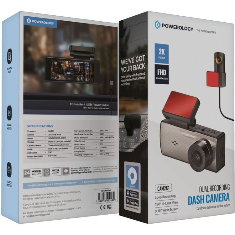 Powerology Dual Recording Dash Camera, Built-in Microphone & Speaker, 150° 4-Lane View, Collision Detection, 3.16" Wide Screen, Patented Design, Loop Recording, Parking Monitor, Type-C Charging Port, MP4 Video Format & JPG Photo Format - Black