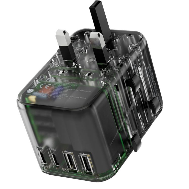 Powerology 65W PD Universal Multi-Port Travel Adapter with Triple USB-C Outputs, Universal Plugs, Combined Output Mode, Lightweight & Portable, Travel Friendly - Transparent