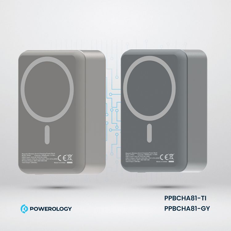 Powerology 30000mAh MagSafe Aluminum Power Bank with 20W Power Delivery, 15W Wireless Output, Li-Polymer Battery, Simultaneous Charging, Compact Design - Titanium