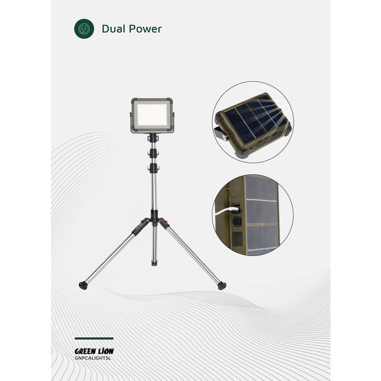 Green Lion Solar Camping Light with Power Bank Function, Up to 12 Hours Working Time, 4 Light Modes, 2.1m Maximum Adjustable Height, Digital Battery Display, 1500lm Brightness - Silver