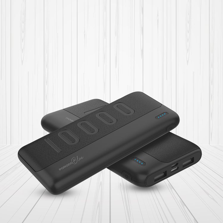 Porodo Blue 10000mAh Slim Power Bank with Dual USB-A Output, Lightweight & Compact Design, Type-C Input, LED Indicator - Black