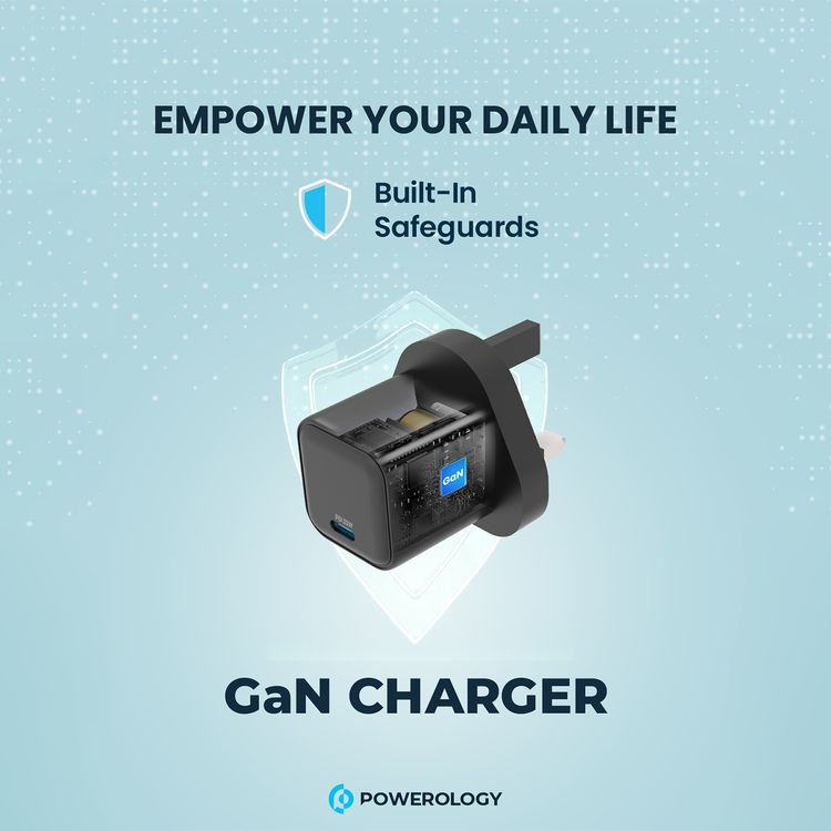 The Powerology 35W Ultra-Quick GaN Charger with UK Plug, USB-C Output Port, Fast Charge, Portable & Compact Design, Built-in Safeguards, 100-240V Input - Black