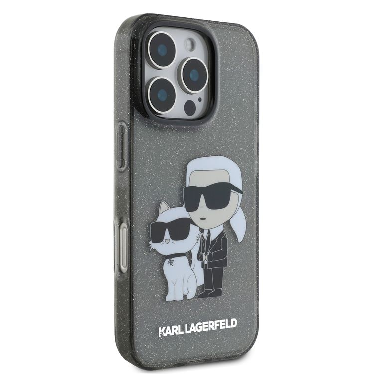 جراب Karl Lagerfeld IML اللامع الصلب مع شعار Karl &amp; Choupette NFT لهاتف iPhone 16 Pro، ممتص للصدمات والسقوط، فتحات دقيقة، قبضة مريحة، سهل التركيب - أسود