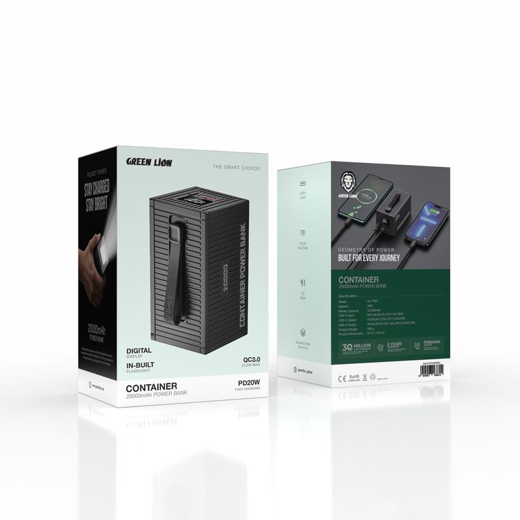 Green Lion Container 20000mAh Power Bank with 4 in 1 Charging Cable, Built-in Flashlight, Digital Display, PD20W Fast Charging, QC3.0 22.5W, Built-in Carry Strap - Black