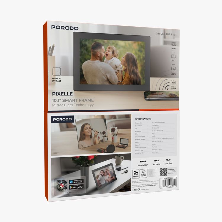 Porodo Pixelle 10.1-inch Smart Frame with Mirror Glass Technology, IPS Touchscreen, 800×1280 pixels Resolution, 1GB RAM, 16GB Internal Storage, Supports up to 128GB MicroSD External Storage, Instant Wireless Sharing - Black