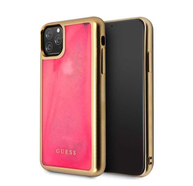 CG MOBILE Guess Glow Dark TPU Case Compatible with iPhone 11 Pro, Fit & Lightweight, Supports Wireless Charger, Easy Access to All Ports, Officially Licensed - Matte Gold/Pink
