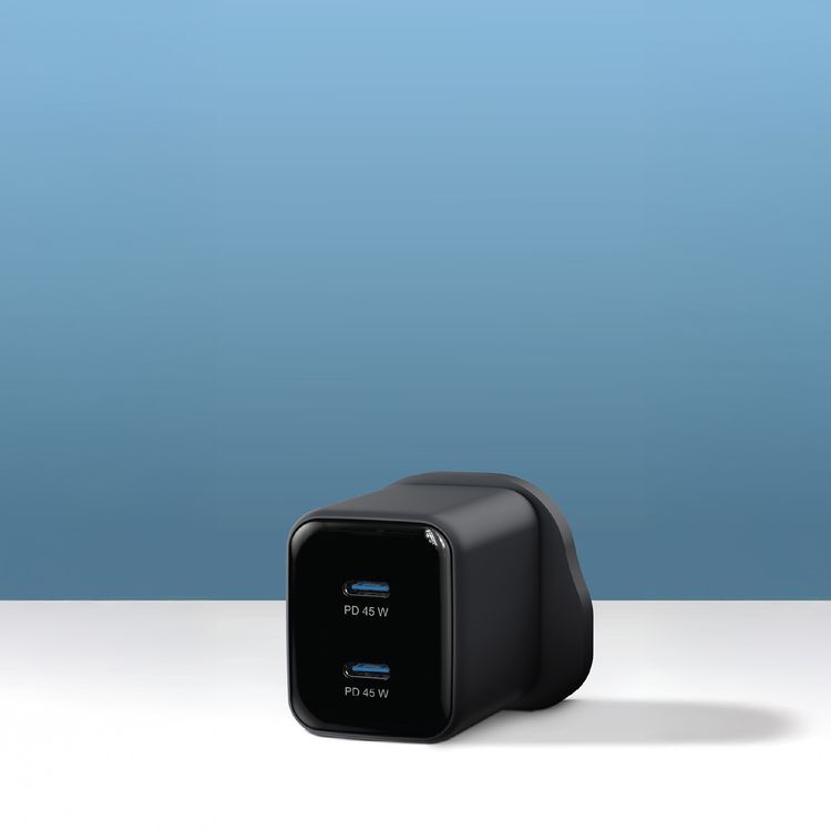 Powerology Volt-X 45W Dual-Port GaN Wall Charger, Fast Charging Speed, USB-A & USB-C Output, Wide Compatibility, Compact Travel Size, Universal Protocol Support - Black